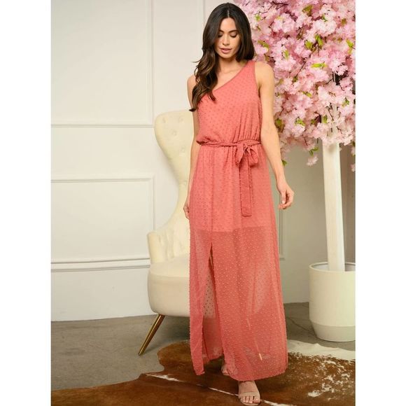 Rust Single Shoulder Swiss Dot Maxi Dress - Picture 2 of 4